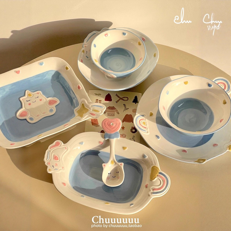 Unicorn Hand-Painted Tableware Set, Cute Plate, Home Eating Bowl, High-Looking Soup Bowl, Cartoon Kidsren's Breakfast Bowl