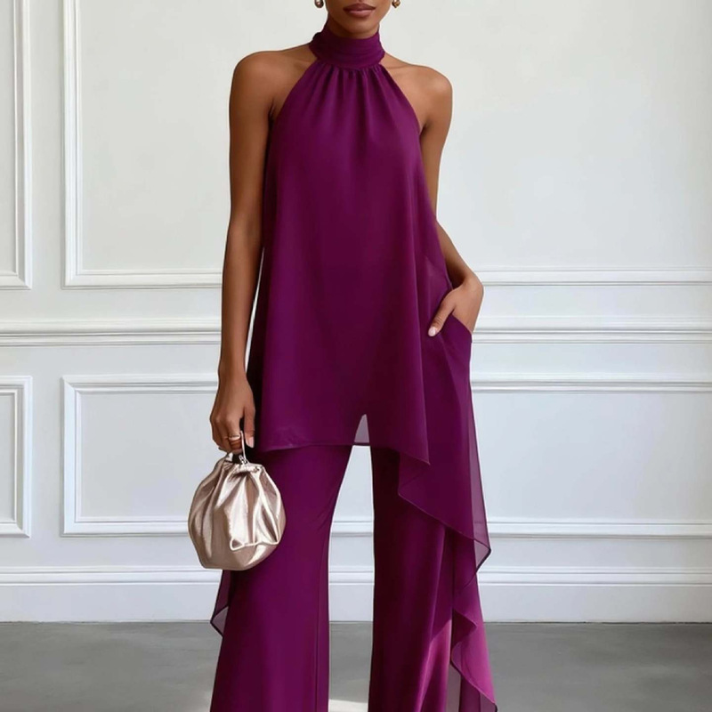 Popular Purple High-End Backless Halter Top and High-Waisted Draped Wide-Leg Pants Two-Piece Set for Parties and Work