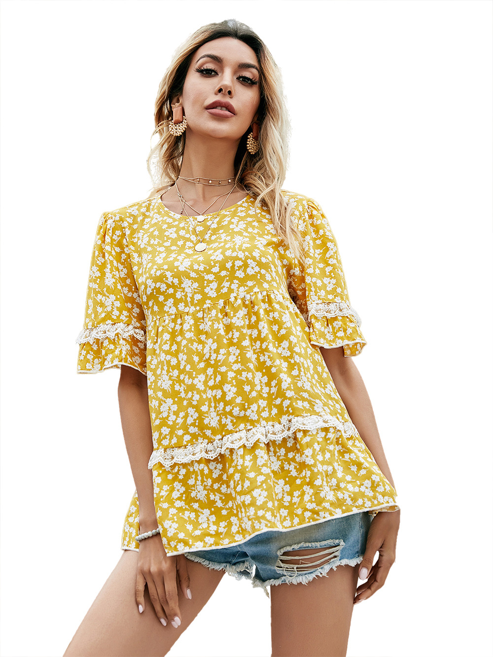 round neck loose casual floral blouse NSDF36053