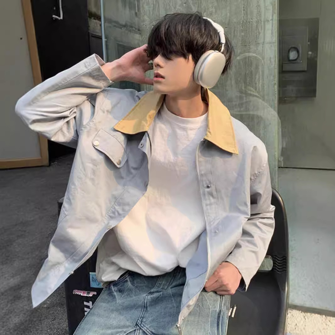 Retro blue lapel jacket for men's spring and autumn new trend workwear, high-end three-dimensional silhouette jacket_voghion.com