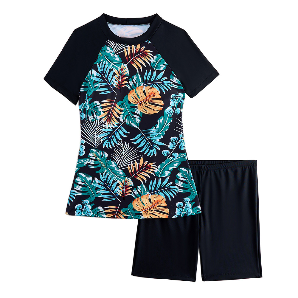 2025新款欧美亚马逊分体半袖平角裤运动泳衣套装印花短袖椰树拼接