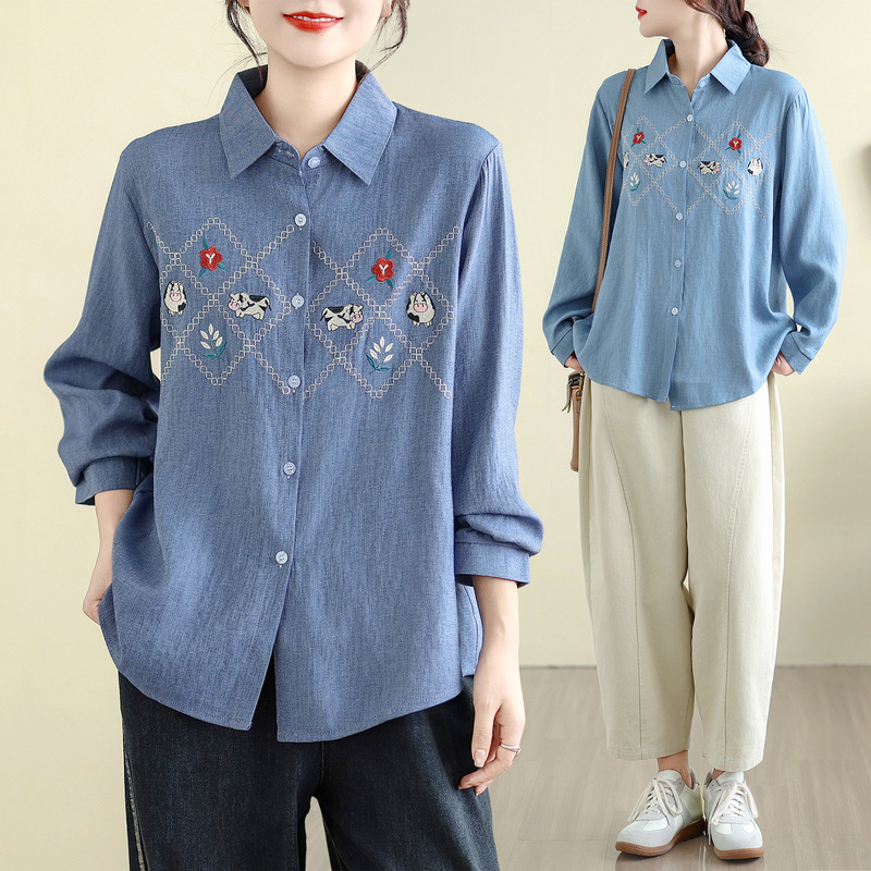 Fat m Plus Size Women's Embroidered Denim Shirt Autumn and Winter New Retro Versatile Loose High-End Long-Sleeved Shirt for Women