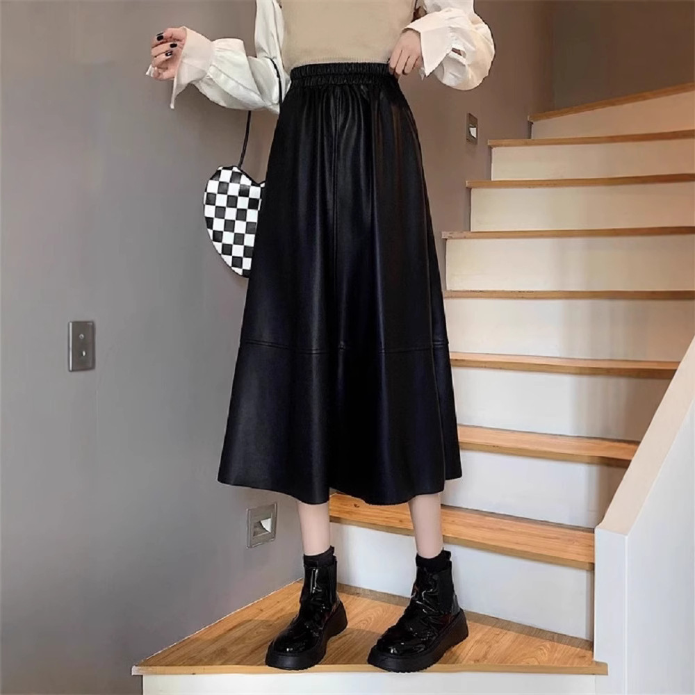 大码美拉德棕色PU皮半身裙女春秋冬胖mm高腰a字长款半裙伞裙皮裙