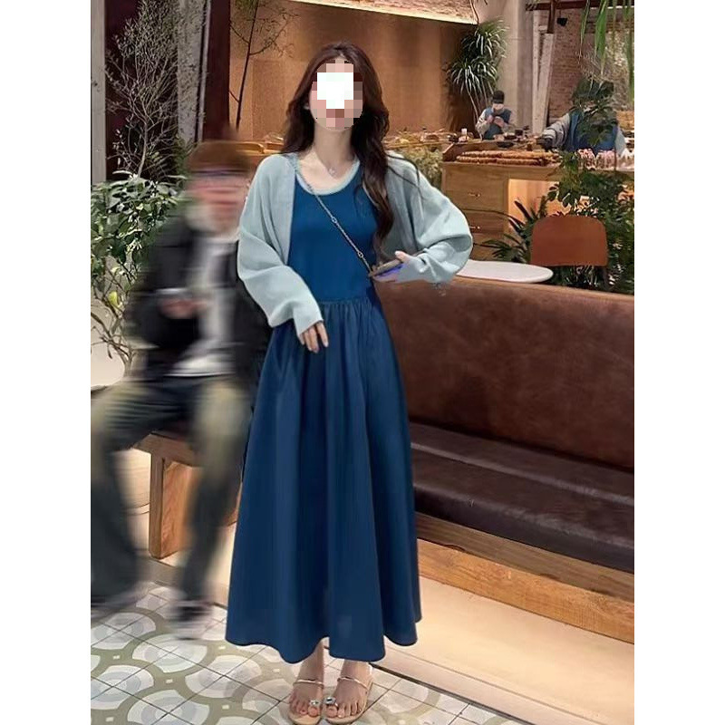 早秋时尚穿搭套装女高级感遮肉显瘦针织拼接吊带开衫两件套|undefined