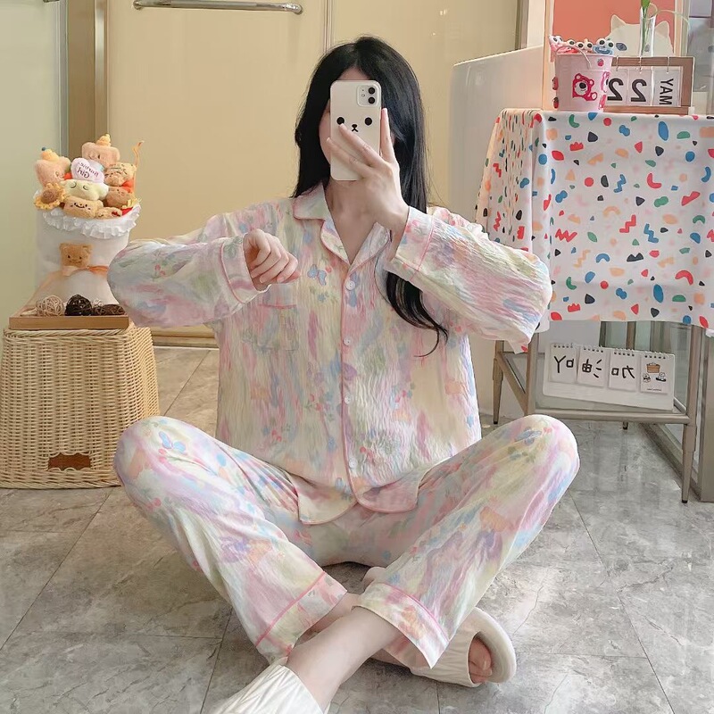 衫芊亿褶皱云朵棉睡衣女士春秋季印花翻领可爱卡通家居服套装新款|undefined