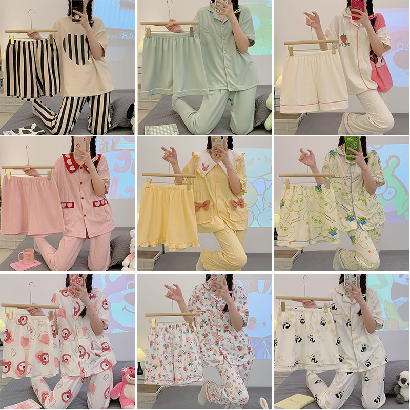 パジャマ女性夏綿質半袖三点セットかわいいアニメ薄手女子学生夏生放送ホームウェア卸売り|undefined