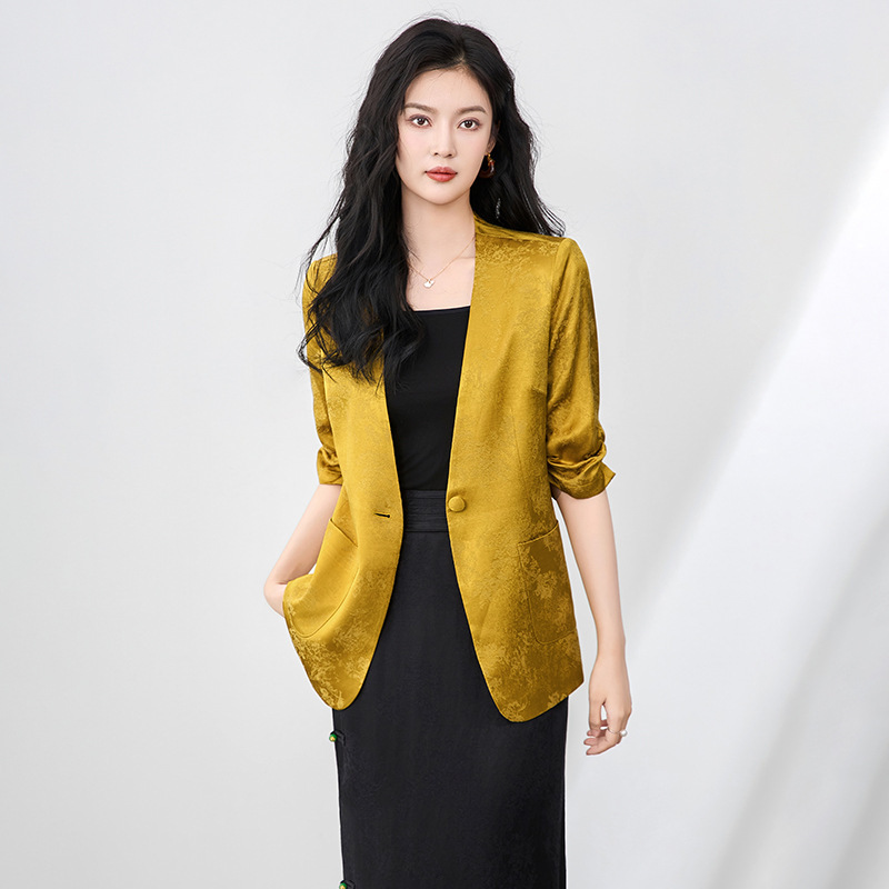 2506608-Light Luxury Jacquard Silk Pleated Sleeve Jacket Women's Loose V-neck Lace Suit Top Southern Oil New Style