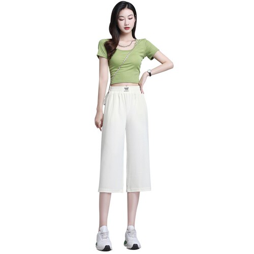 High-waist slimming loose wide-leg capris 2025 summer thin ice silk loose casual pants wholesale