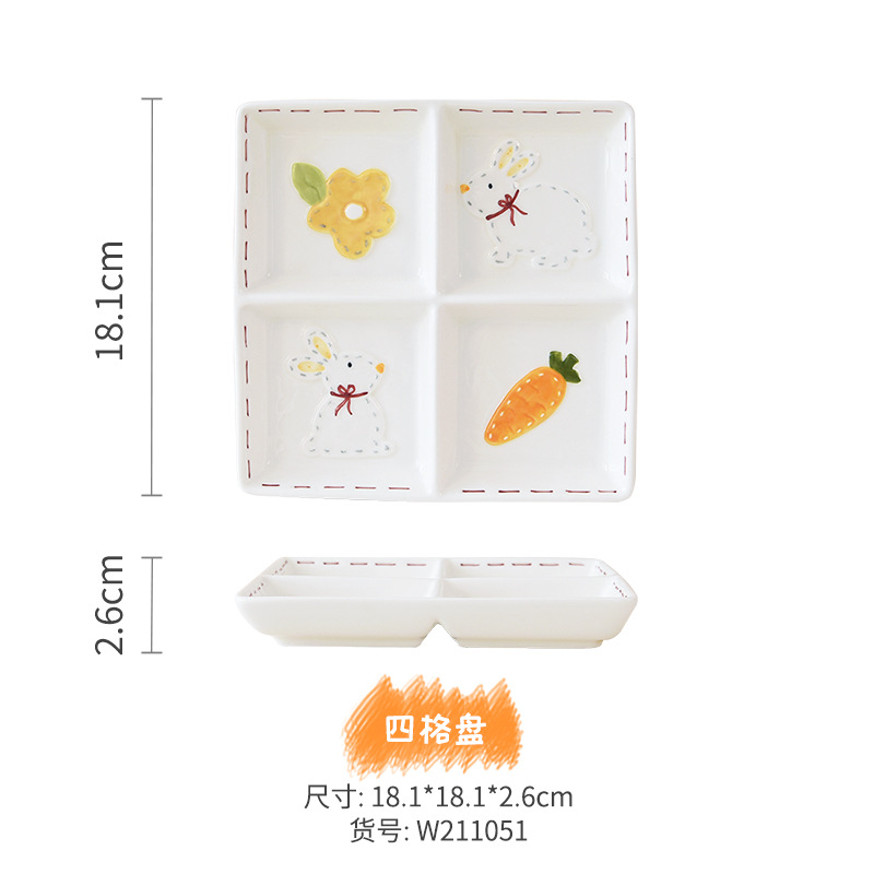 Placa de cuatro rejillas pintada a mano de estilo japonés Placa de dumpling placa de cerámica plato de rejilla de desayuno creativo dibujos animados lindo plato de fruta plato de postre