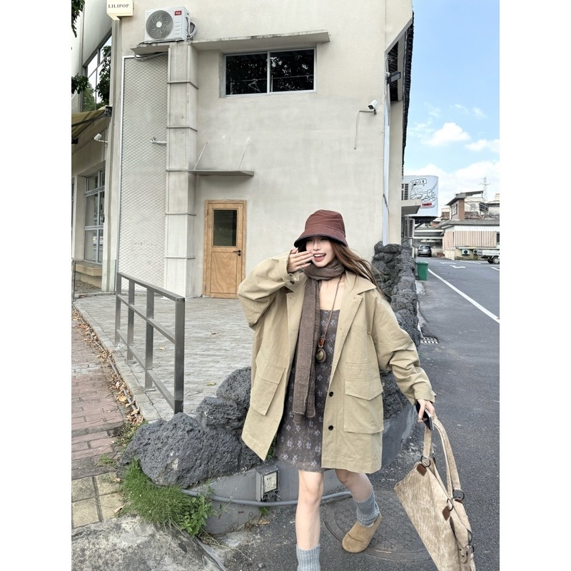 实拍 美式复古翻领大口袋风衣紫色碎花吊带裙法式无袖连衣裙套装|undefined