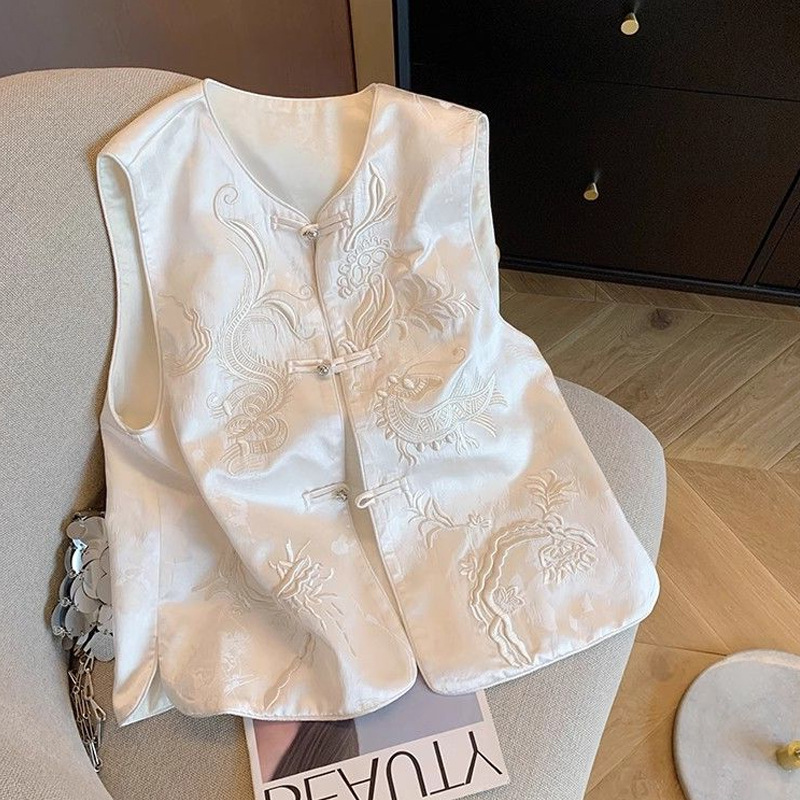 White New Chinoiserie Jacquard Embroider Acetate Vest for Women 2025 Spring and Summer New Style Chinoiserie Classy Elegant Satin Vest