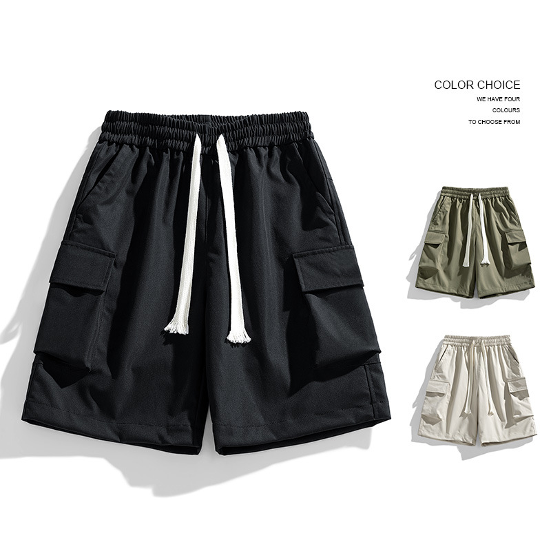 Summer new men's Korean-style solid color multi-pocket elastic workwear casual shorts trendy couple online celebrity same style pants