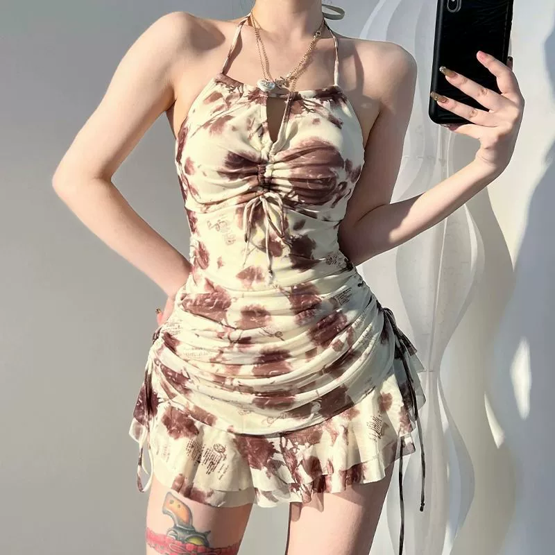 Новый купальник 2024 года женский монокласс юбка принтом складки, Slimming Beach Vacation Boxer высококачественный купальный костюм