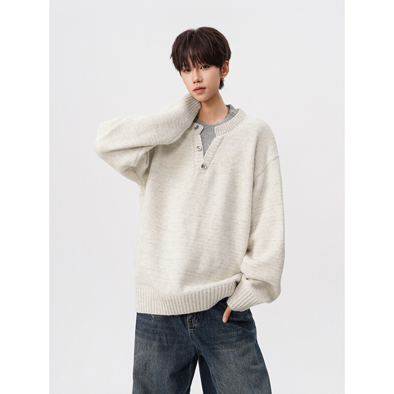 2026 Fall/Winter New Men's Artistic High-Street Workwear Knit Sweater with Henley Collar, Button Design, and Small V-Neck