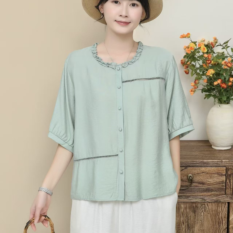 Lace Collar Single-Breasted Loose Large Size Solid Color Half-Sleeve Cardigan 2026 Summer New Silk and Linen Blouse Women's Top Lace Collar Single-Breasted Loose Large Size Solid Color Half-Sleeve Cardigan 2026 Summer New Silk and Linen Blouse Women's Top