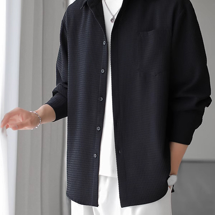 Versión coreana de la camisa de textura para hombres, estilo ligero cocido, suelto, manga larga, suave, ceroso, transpirable, camisa fresca, ropa de trabajo de moda, camisa de pulgadas, marea