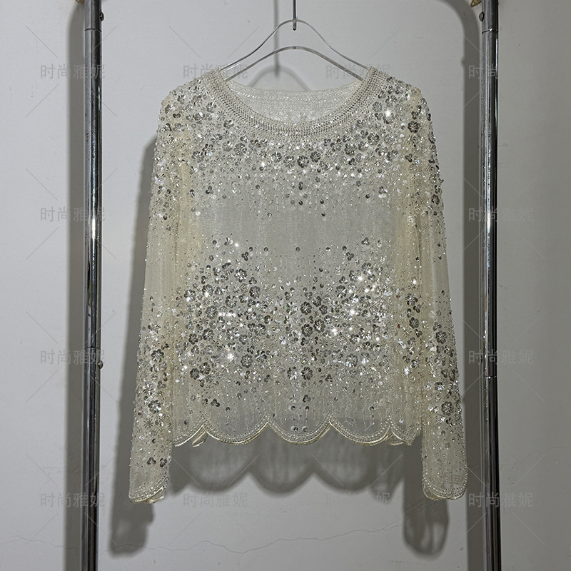 Fashionable Yani New Style Heavy Sequin Beading Pearl Lace Blouse for Women, Long Sleeve Round Neck Slim Fit Elegant Party Top Fashionable Yani New Style Heavy Sequin Beading Pearl Lace Blouse for Women, Long Sleeve Round Neck Slim Fit Elegant Party Top