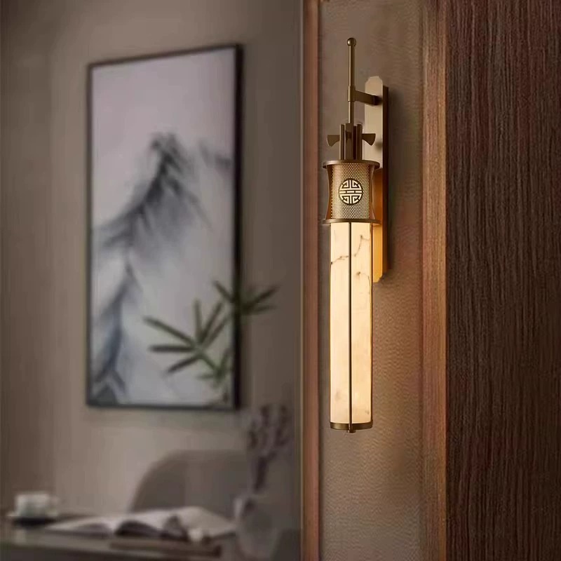 New Chinese-Style Metal Wall Lamp with Long Rod, Cloud-Patterned Imitation Stone Lamp, Corridor Living Room Background Wall Lamp, Led Indoor Lighting