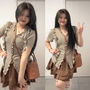 New Slightly Fat Suit, Pure Desire to Slim Down, Belly-Covering Top, Short-Sleeved Skirt, Summer Temperament Two-Piece Set