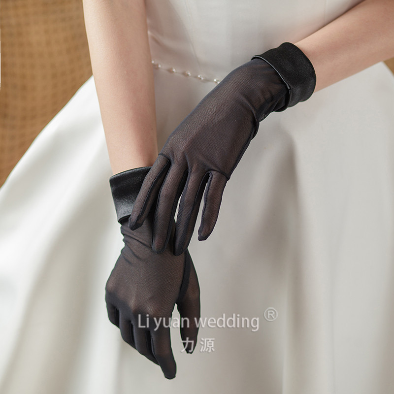 Nuevos guantes de novia para vestido de novia, guantes elásticos de satén simples negros de alta elasticidad para fotos, guantes elegantes para adultos