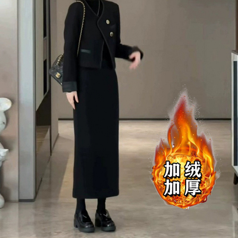 작은 향기로운 스타일 기모 두꺼운 투피스 2024 새로운 패션 코트 하프 바디 인기있는 세트 세트