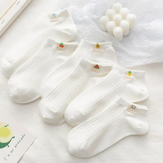 袜子女春夏薄款浅口袜水果布标船袜可爱日系短筒白色ins风潮短袜