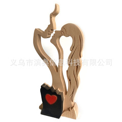 Wooden Statue of Eternal Lovers, Simple Wooden Couple Kissing Craft, Room Decor Ornament