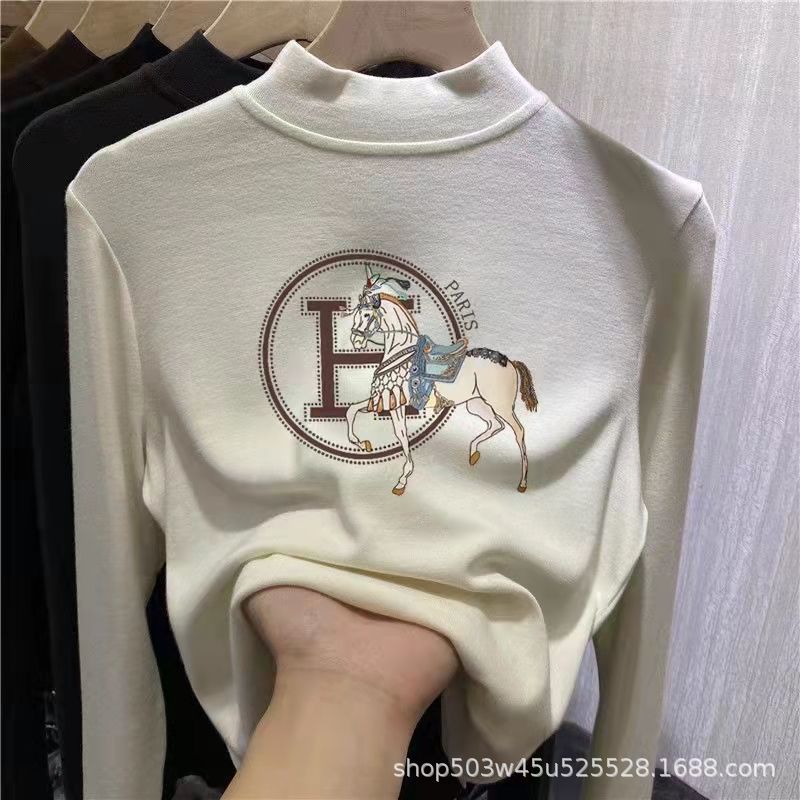 半高领德绒打底衫女秋冬内搭磨毛加绒加厚保暖上衣双面绒长袖t恤