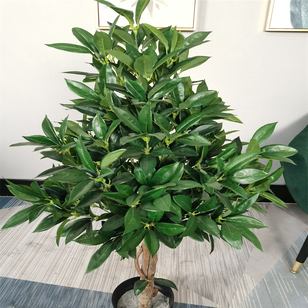 Modelo caliente transfronterizo simulación de laurel pequeño árbol en maceta al por mayor poste de madera maciza artificial paisaje de laurel árbol falso decoración oficina