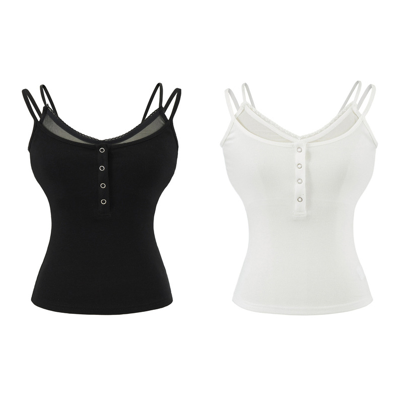 Henry Collar Faux Two-Piece Camisole for Women, 2025 Summer Style, American Hot Girl Style, Lace Mesh Patchwork Slim-Fit Top