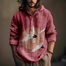 2023跨境欧美新款指南针印花男装男士带帽半开襟4扣长袖衬衫