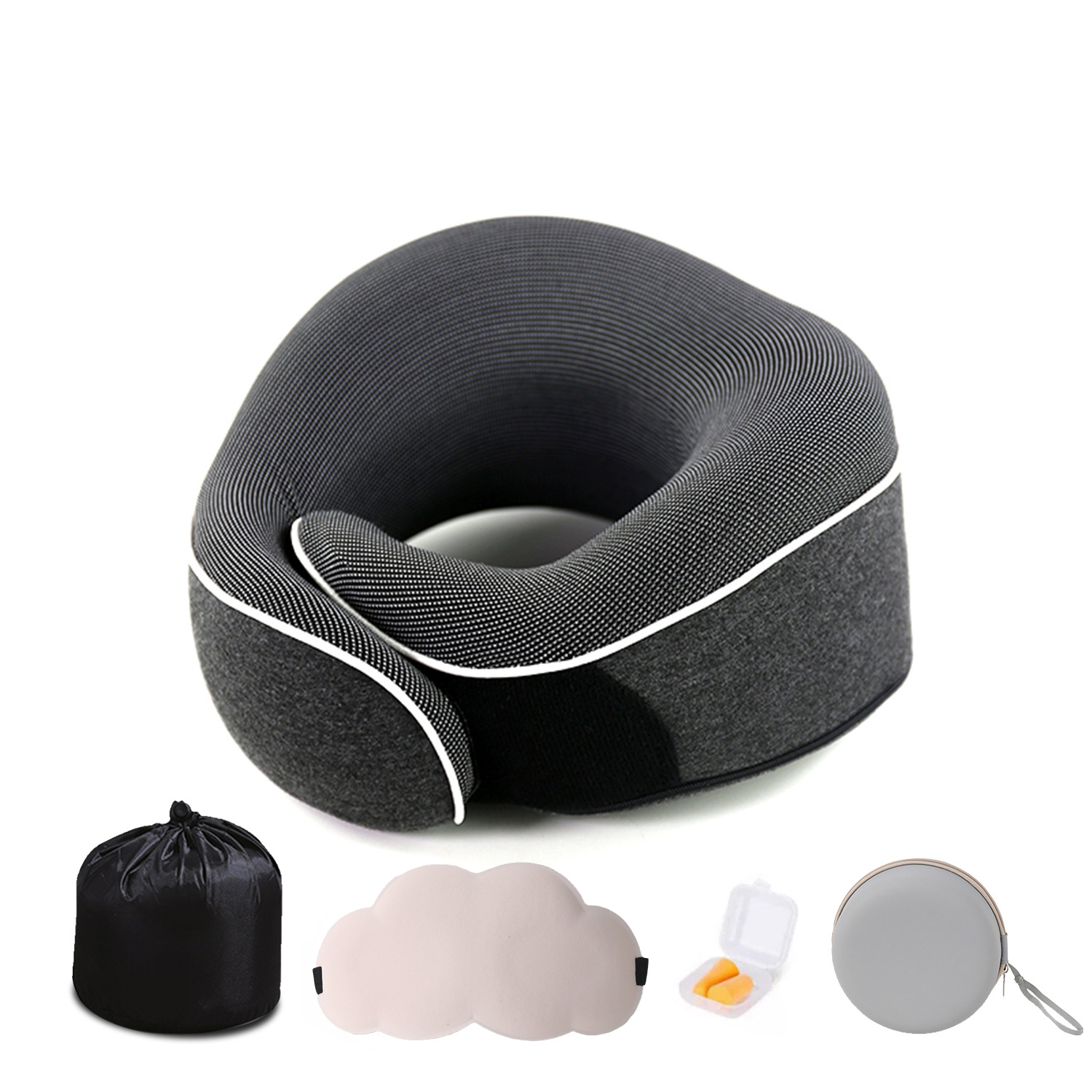 Nuevas almohadas de cuello transfronterizas almacenables de memoria de viaje almohadas de algodón nubes de ojos tapones de auriculares caja de regalo en stock