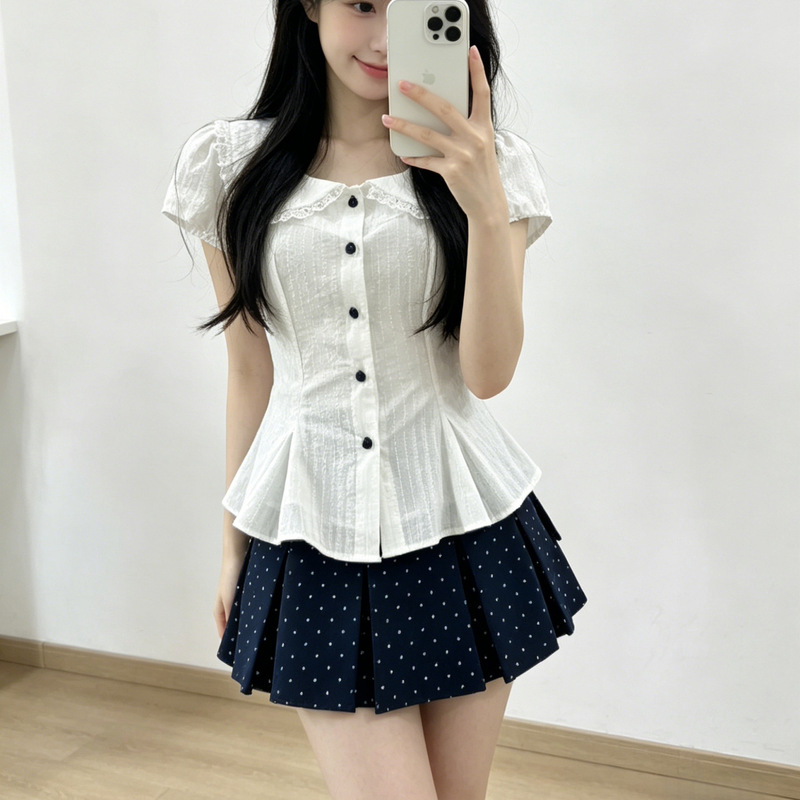 Sweet Style Puff Sleeve Doll Collar Sweet Shirt Polka Dot Short Skirt Set 2026 Summer New Slim Fit Two-Piece Set for Women Sweet Style Puff Sleeve Doll Collar Sweet Shirt Polka Dot Short Skirt Set 2026 Summer New Slim Fit Two-Piece Set for Women