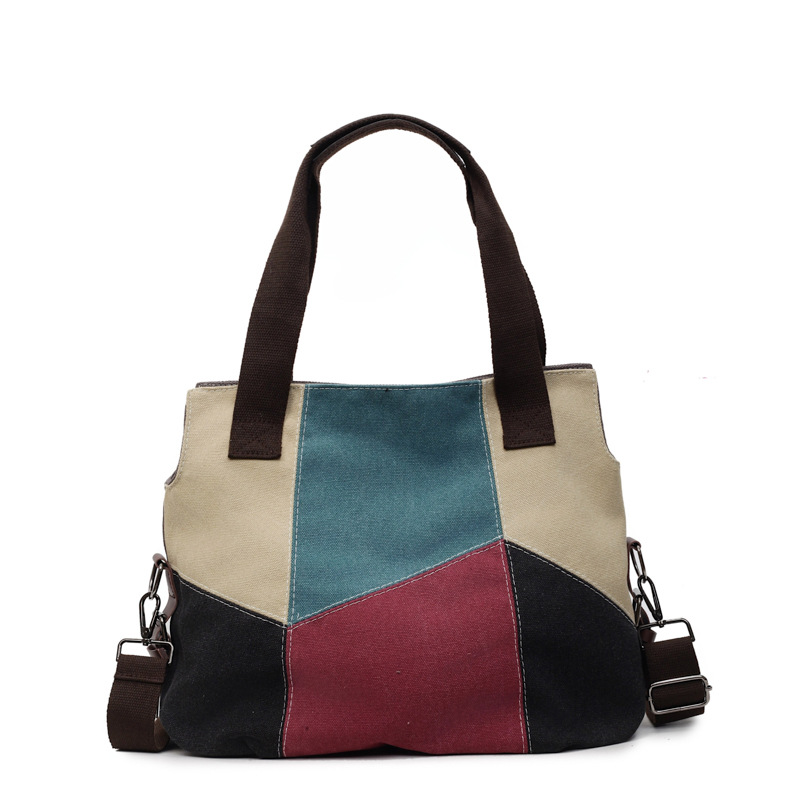 Bolso tote retro estilo de Hong Kong 2025 nuevo bolso de lona con costuras en contraste bolso de hombro bolso de mensajero de gran capacidad mujer