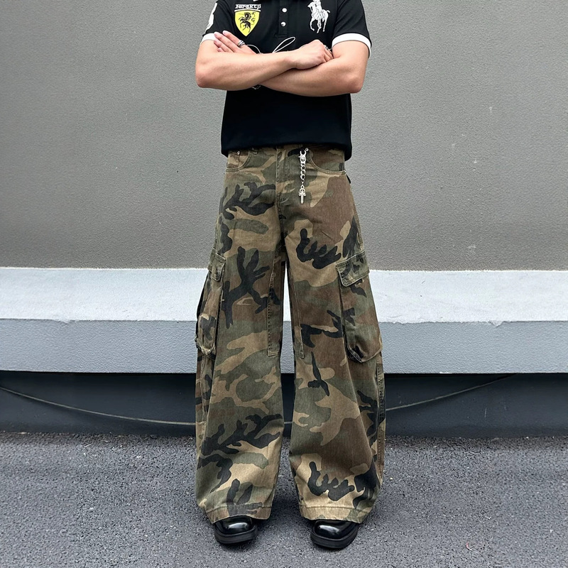 Cross-Border Trendy Retro Casual Multi-Pocket Camouflage Cargo Pants Unisex American-Style Wide-Leg Loose Denim Trousers Cross-Border Trendy Retro Casual Multi-Pocket Camouflage Cargo Pants Unisex American-Style Wide-Leg Loose Denim Trousers