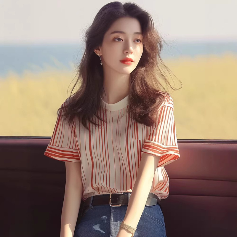 Brother's Boutique Quality Summer New Fashion Versatile Striped High-End Design Niche Loose Short-Sleeve T-Shirt for Women