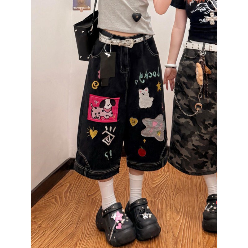 Plus-Size Women's Black High-Waisted Slimming Straight-Leg Denim Shorts for Summer, High-Street Style, Seven-Point Pants