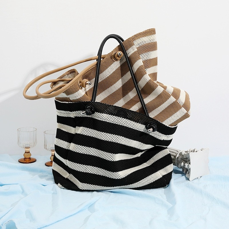 New Lazy Style Vacation Tote Bag Large Capacity Canvas Handbag For Women Black And White Striped Contrast Underarm Shoulder Bag - Thumbnail 4