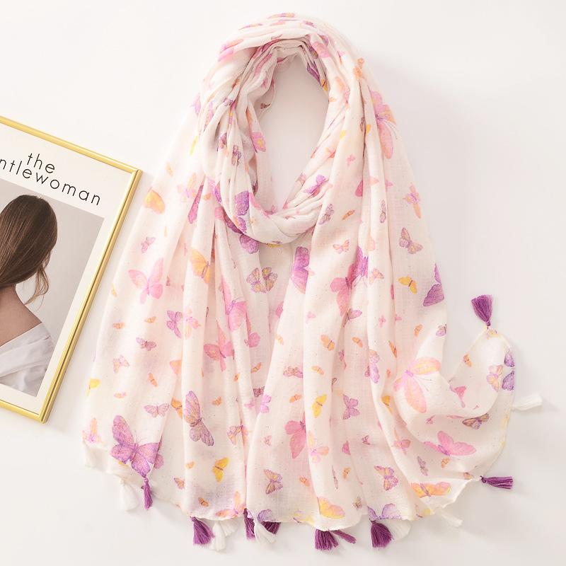 Mariposa Rosa fresca oro rosa borla larga bufanda grande bufanda de seda de algodón y lino con aire acondicionado chal fino