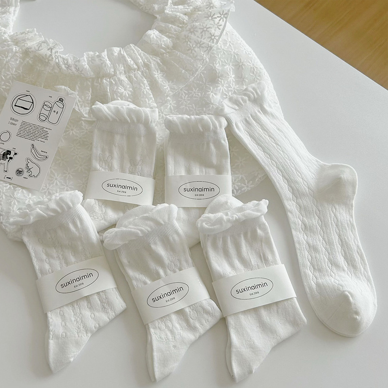 suxinaimin Creative Lace Socks Children's Bow Pattern Bubble Ear Hollow Cream Mid-tube Stacked Socks