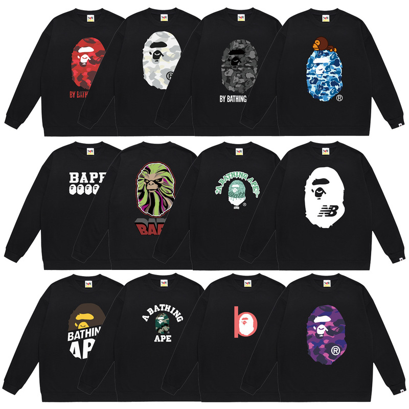 Bape Ape Head Trendy Brand Printed Terry Round Neck Sweatshirt Autumn and Winter New Hip-Hop Trendy Men and Women Ins Cross-Border