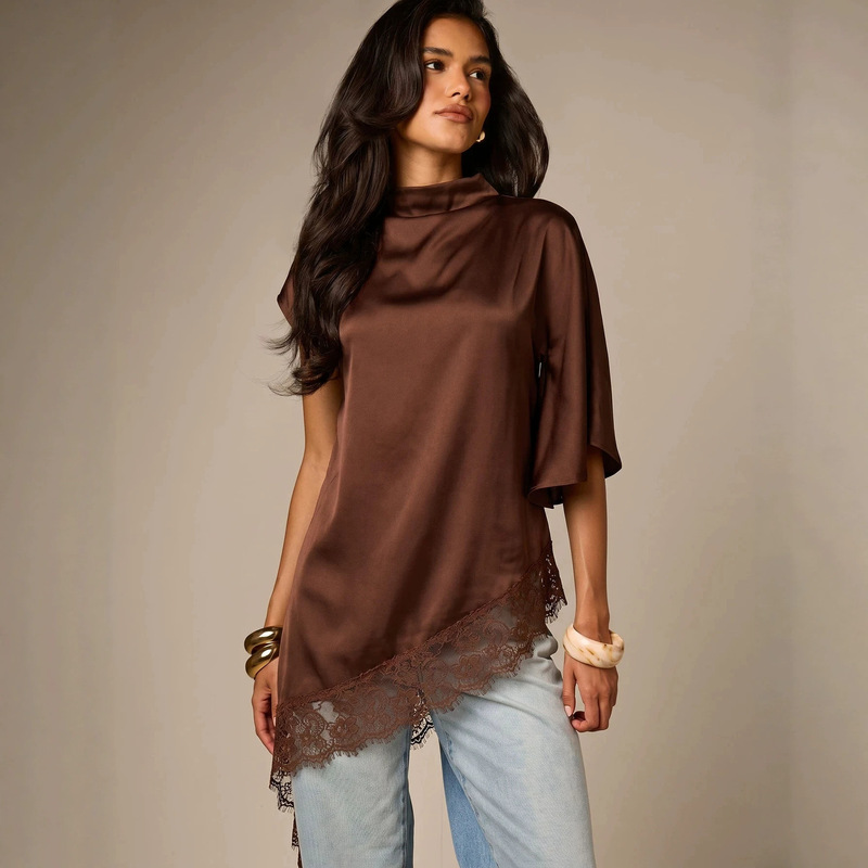European and American cross-border best-selling satin half-turtleneck top for women, featuring an asymmetrical lace design, a flowing silhouette, a loose fit, and a chiffon fabric that conceals the figure