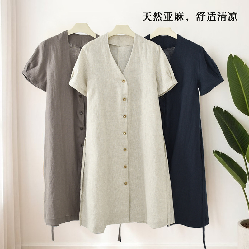26 New Spring and Summer Short-Sleeved 100% Linen Dress, Nightgown, A-Line Skirt, Waist-Cinching Skirt, Breathable, Cool and Slimming