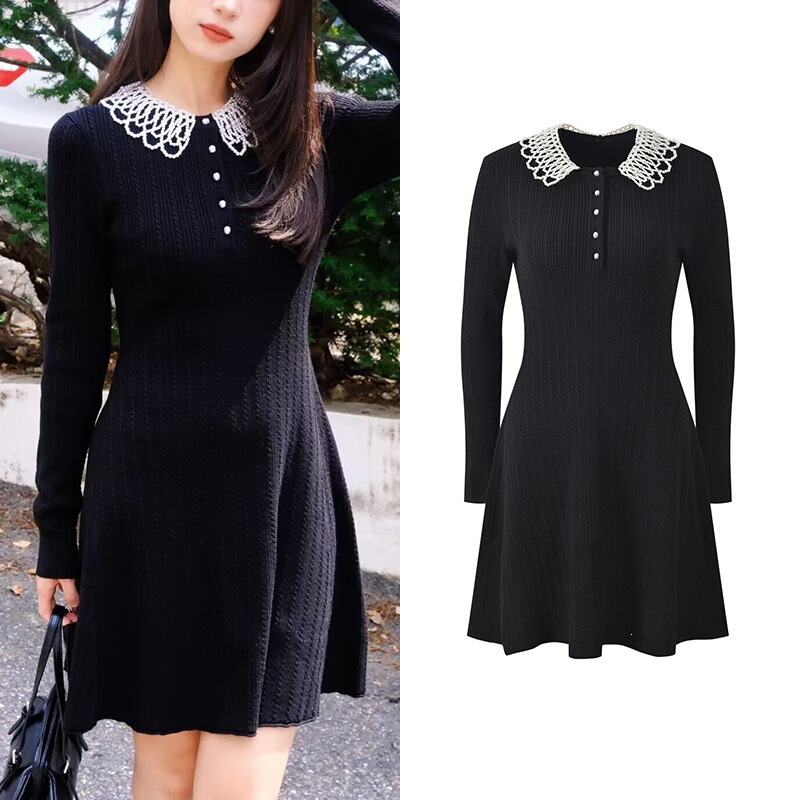 2025 Autumn New Pearl Decorated Doll Collar Cable Knit Sweet Age-Reducing Slimming A-line Dress