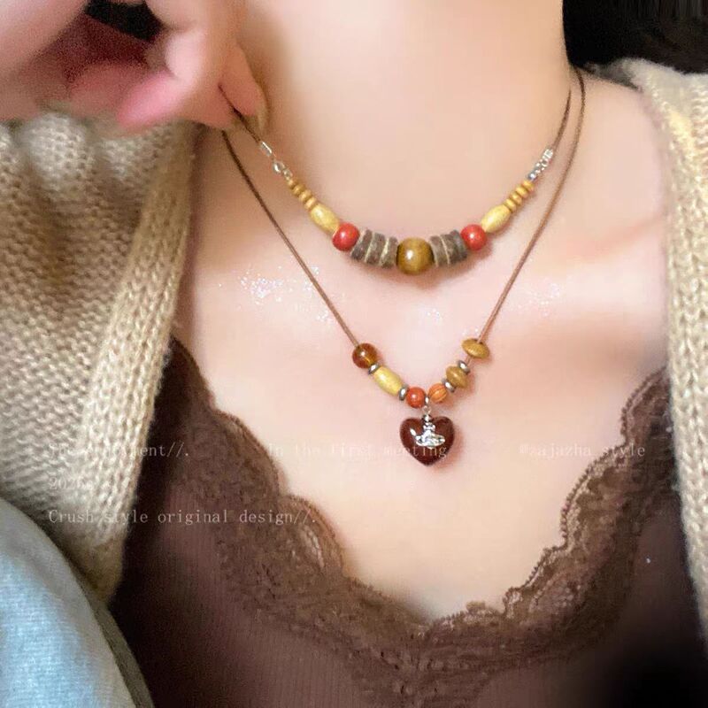 美拉德爱心吊坠项链女复古长款串珠毛衣链民族风百搭锁骨链配饰潮|undefined