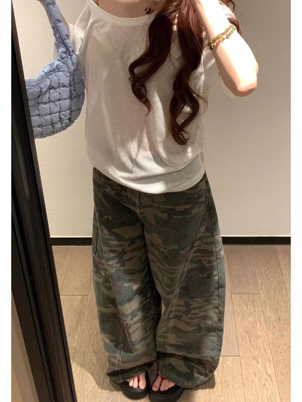 大码美式复古迷彩阔腿牛仔裤女街头辣妹宽松垂感廓形拖地弯刀长裤|undefined
