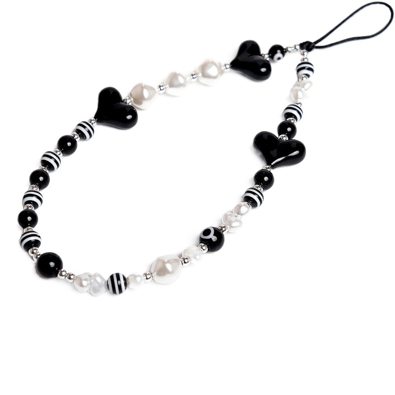 Elegante negro encantador teléfono móvil cadena correa de muñeca pulsera teléfono móvil colgante bolsa colgante perlas colgante melocotón corazón joyería