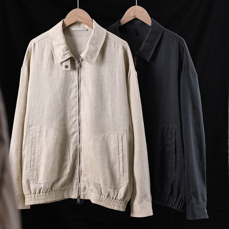 High-End Business Men's Pure Linen Jacket, Spring and Summer Old Money Style, Simple Lapel Commuter Jacket, Casual Zip-Up Cardigan