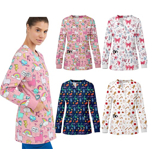 New product stretch printed short-sleeved shirt, nurse's clothes, surgical clothes, doctor's clothes, clinic dental hand-washing clothes
