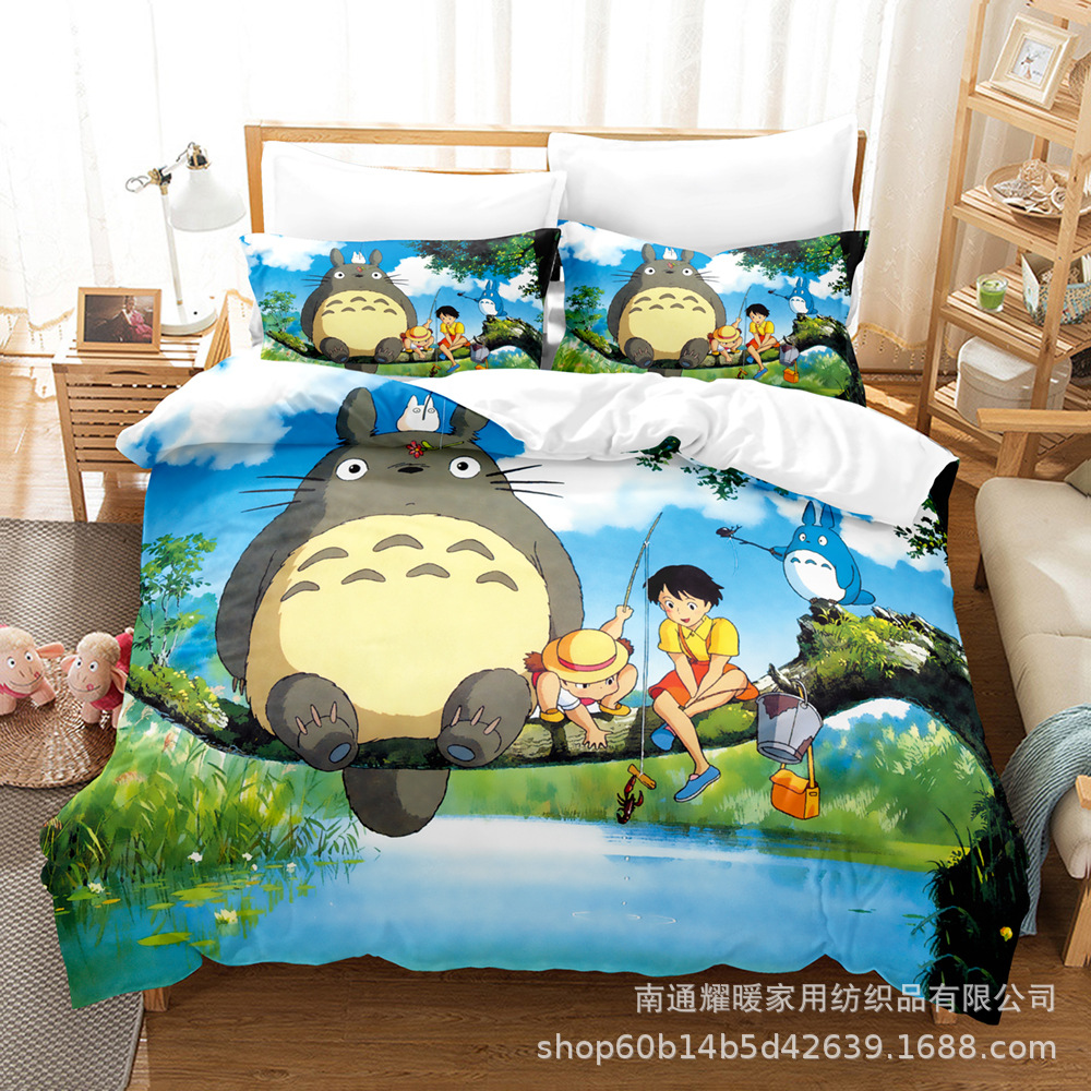 Factory Direct Supply of 3D Digital Printed Brushed Bedding Four-Piece Set of Three-Piece Set of Totoro Bed Sheetss, Quilt Pillows